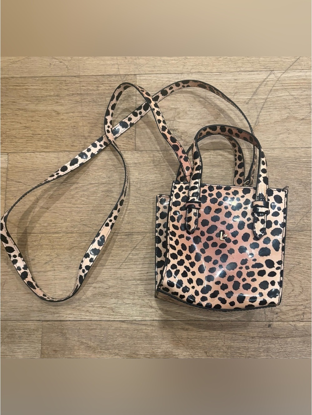 Larroude Leopard Print Phoebe Mini Crossbody Bag in Tan and Black